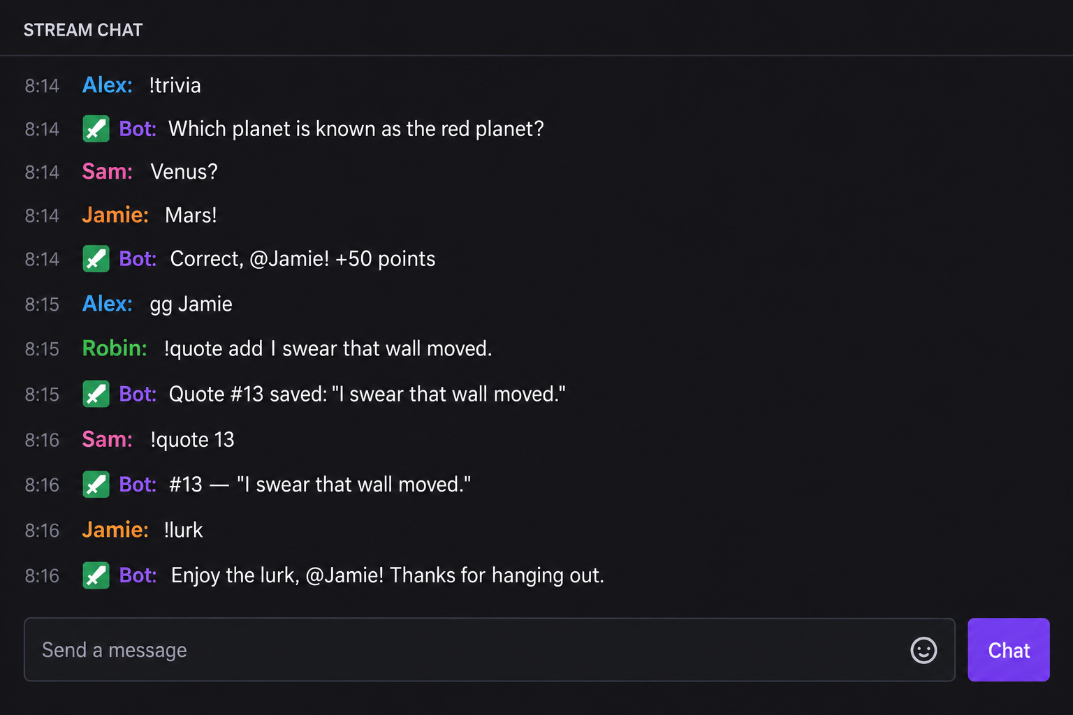 Twitch chat games and custom bot responses